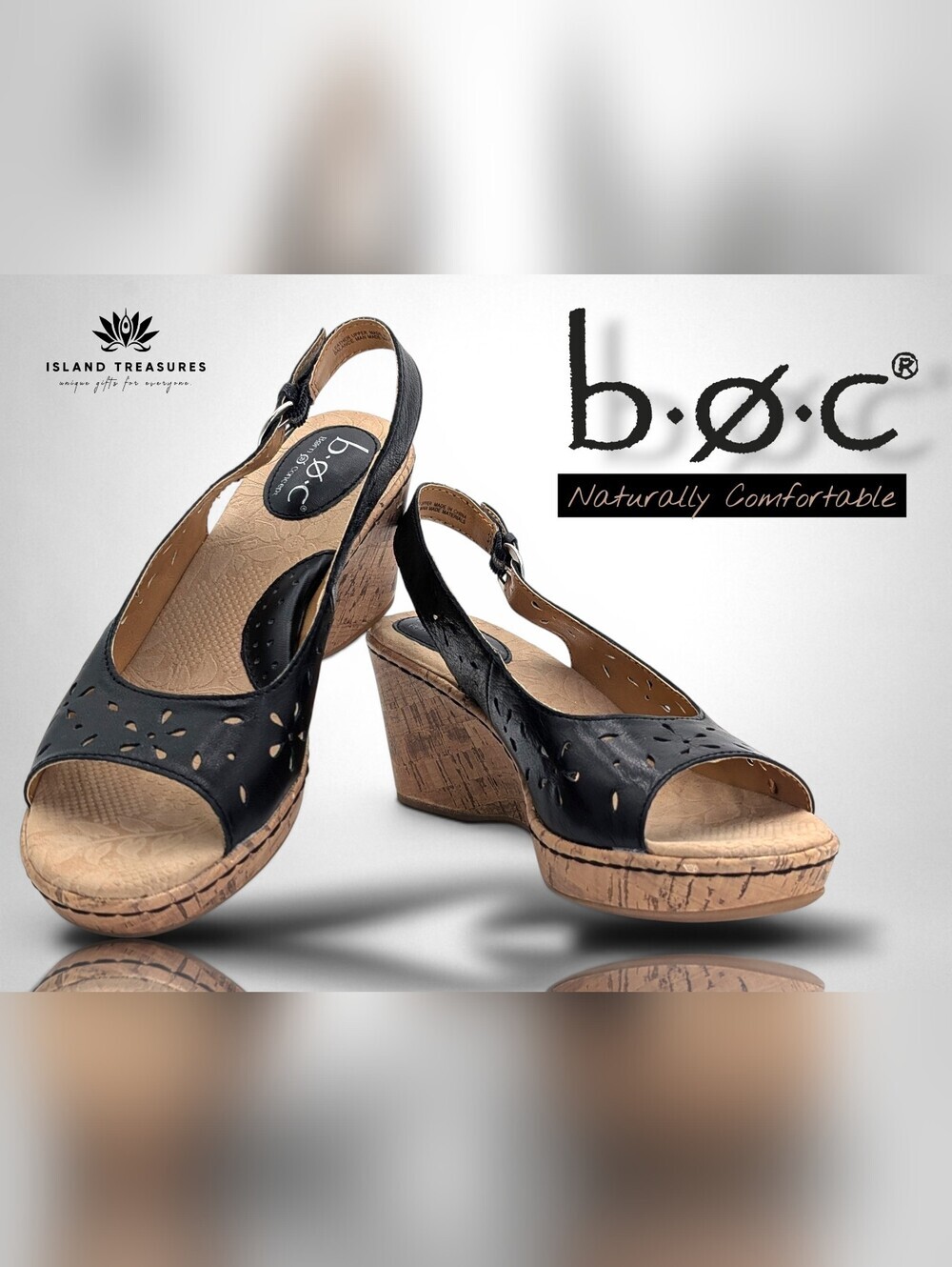 b.o.c. "Andaya" Size 8M Black Leather Perforated Floral Cork Wedge Silver Buckle